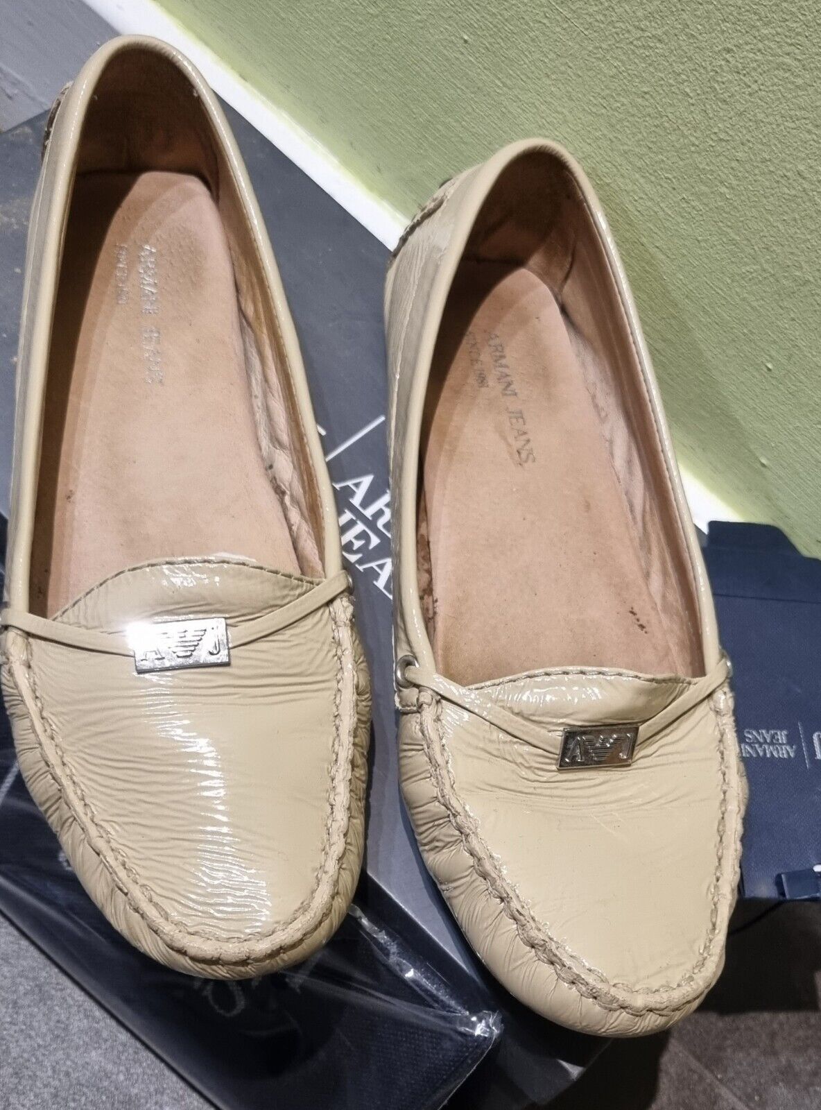 AJ Jeans By Armani Women's Flat Patent Leather Shoes UK 3.5 With Box & Dust Bag