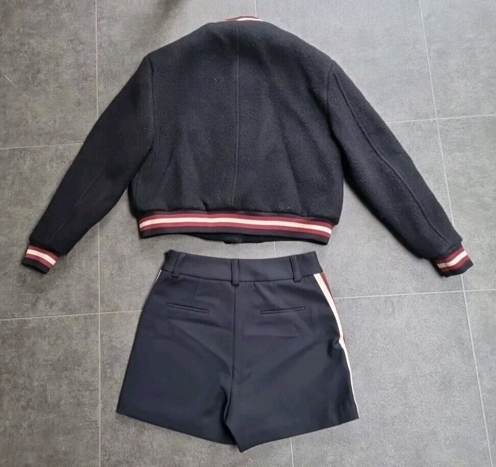 BNWT Ba&sh Women's Black Wool Bomber Jacket & Polyester Skort Set Size 0 /34
