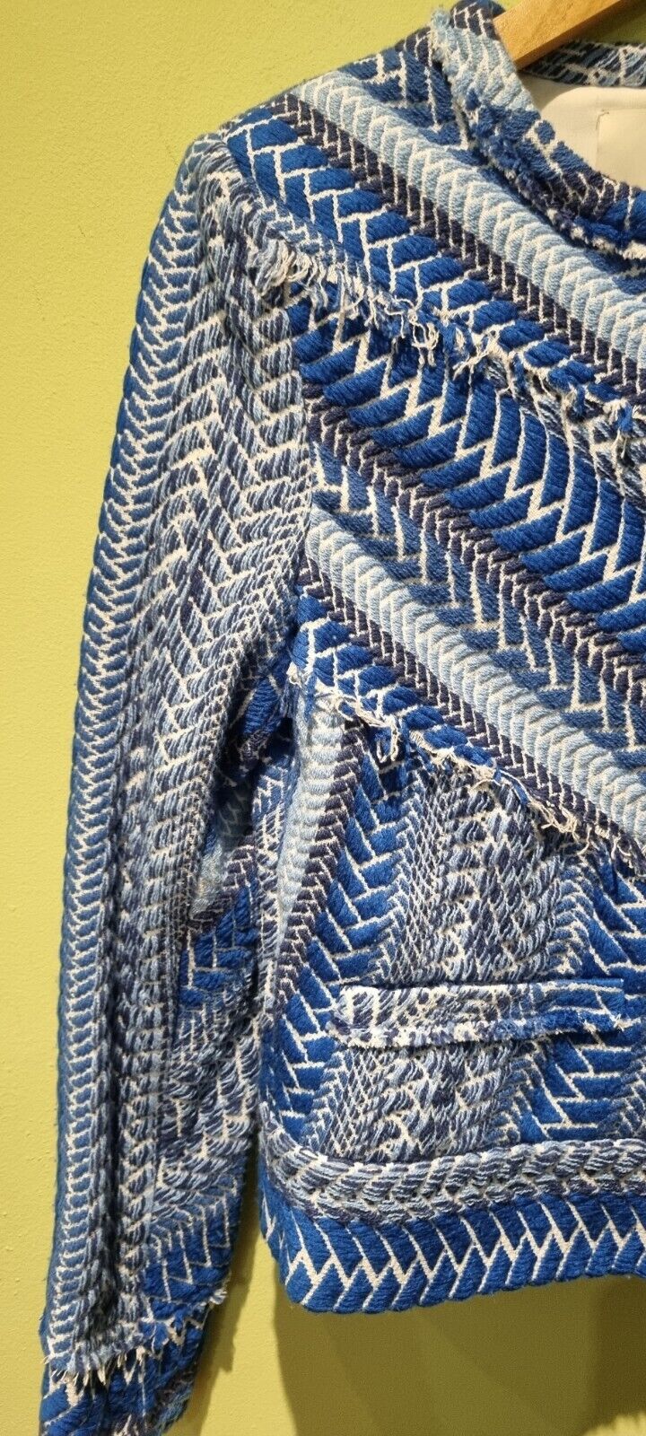 IRO Women's Blue Herringbone, Embroidered, Frayed Jacket Size 36