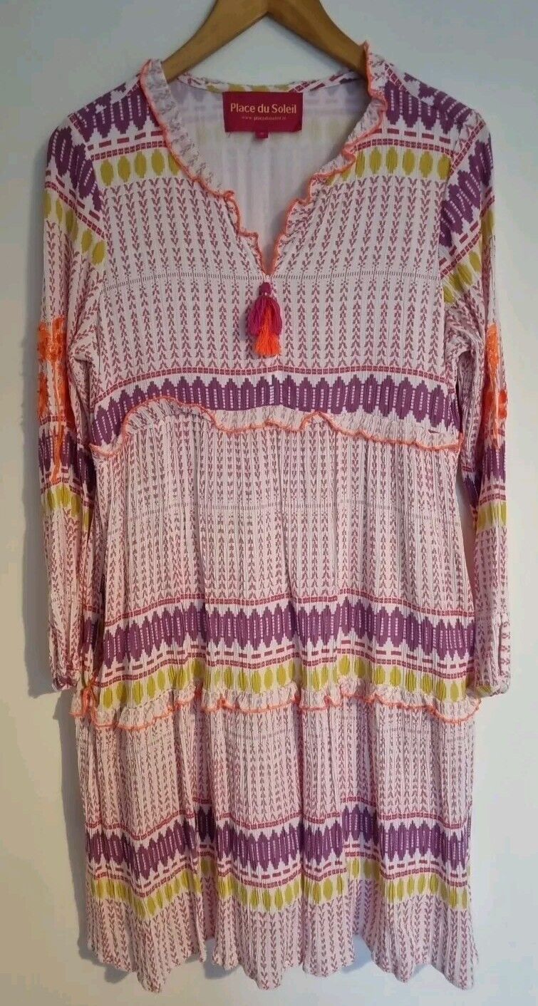 Place Du Soleil Women's Pink Multicoloured Dress With Embroidery & Tassles Small