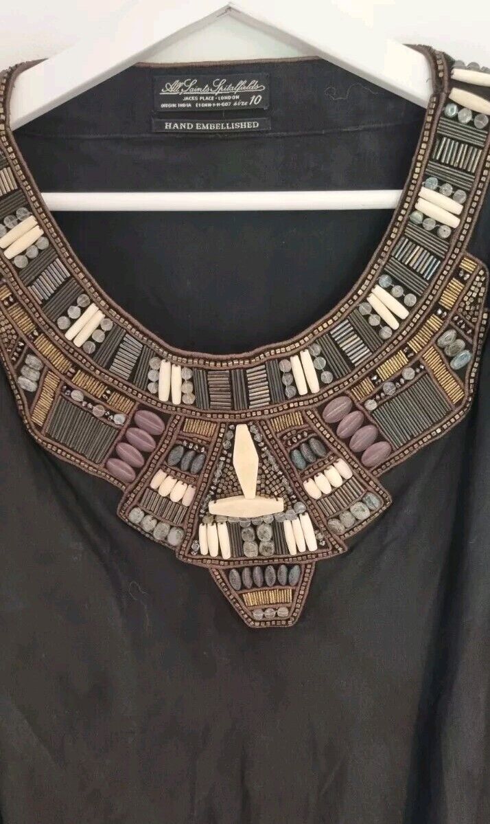 All Saints Spitalfields Women's Black Hand Embellished Beaded Kaftan Top Size 10