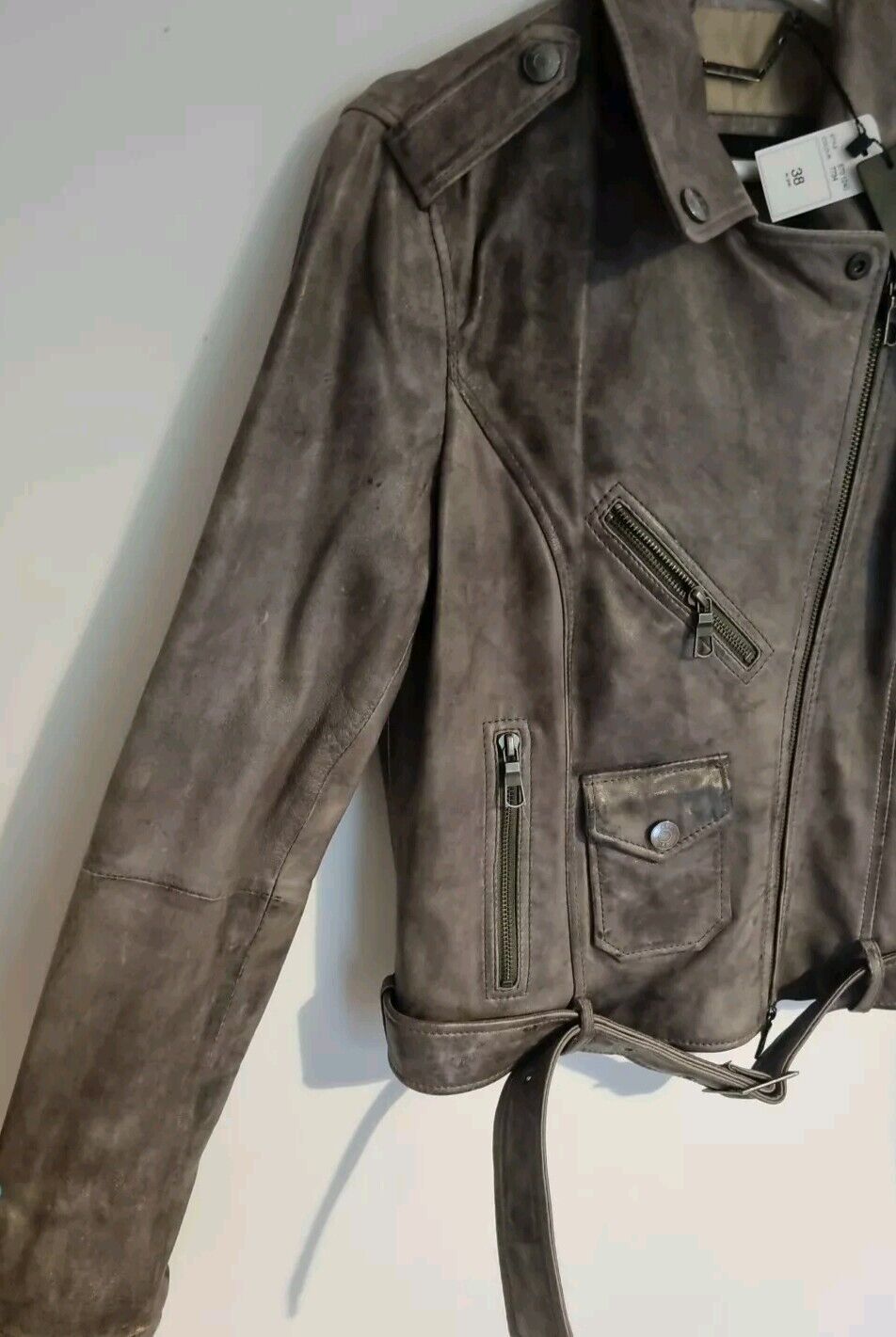 Set Women's Grey Distressed Leather Jacket Size 38 New Unworn