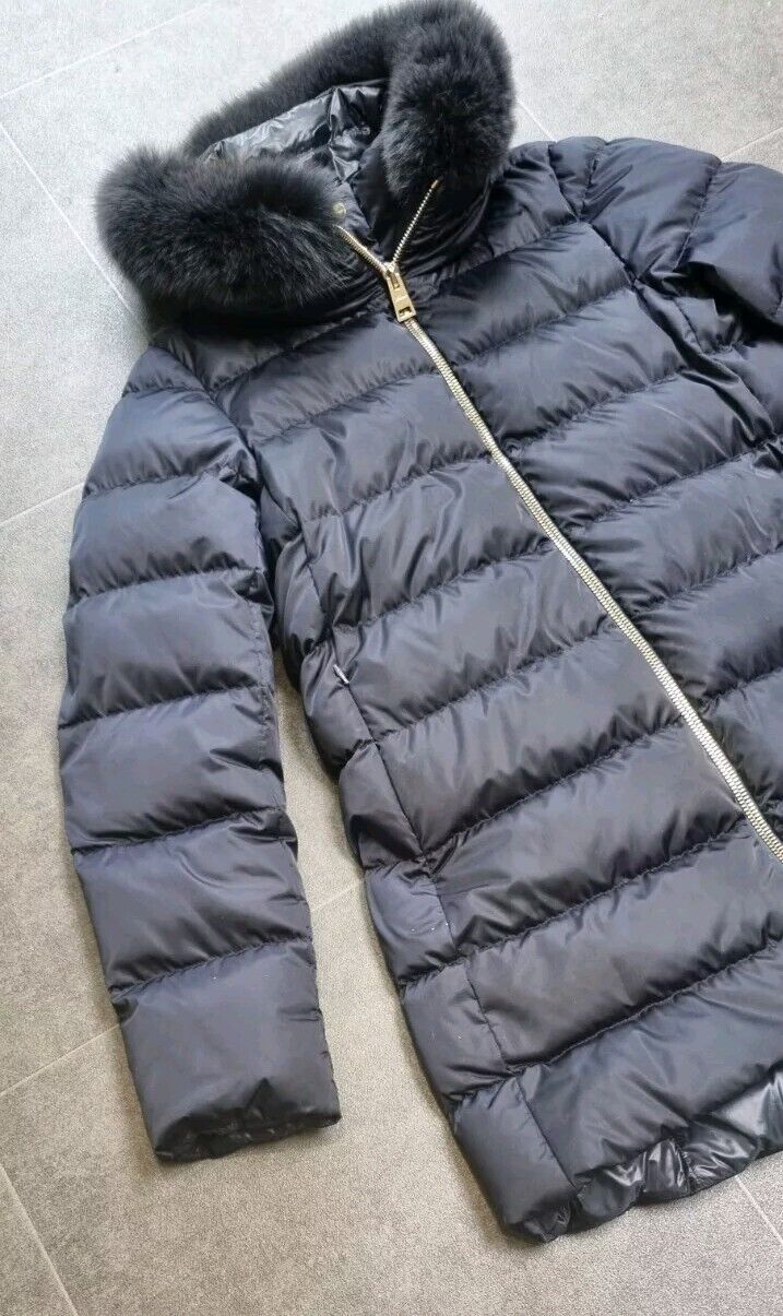 Herno Women's Navy Blue Lightweight Down Insulated Coat Detachable Fur Collar 48