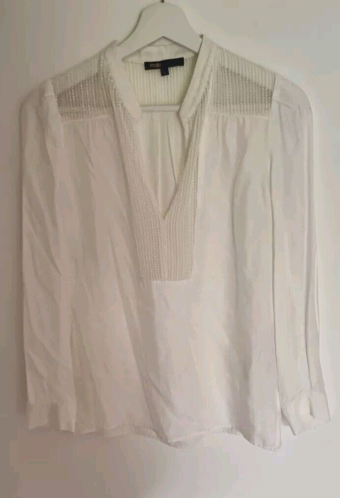 Maje Women's Ivory Long Sleeved V Neck Blouse With Lace Detail Size 1