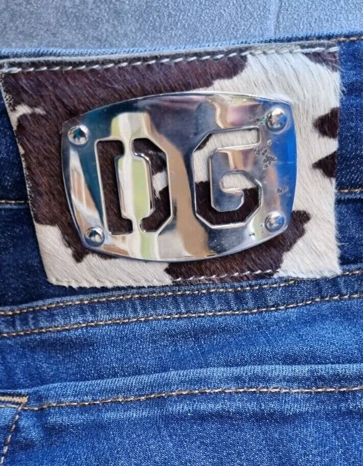 Dolce & Gabbana Women's Blue Ripped Jeans, With Calf & Silver Metal Logo Size 42
