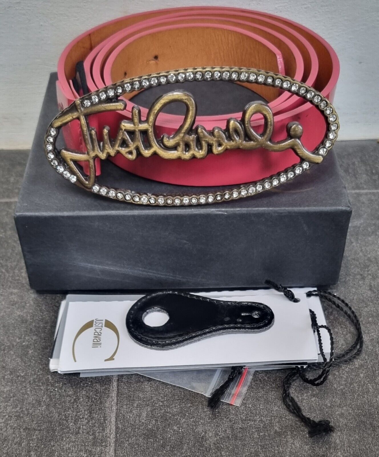 Just Cavalli Women's Pink Leather Patent Logo Buckle Belt, With Box