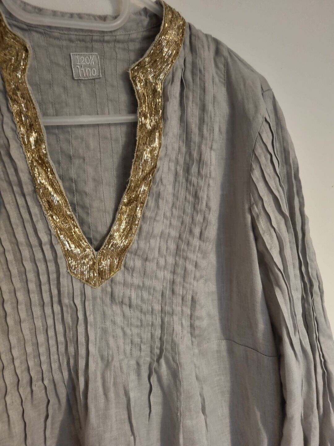 120% Lino Women's Linen, Grey With Gold Neck Tunic Blouse Top Size 44