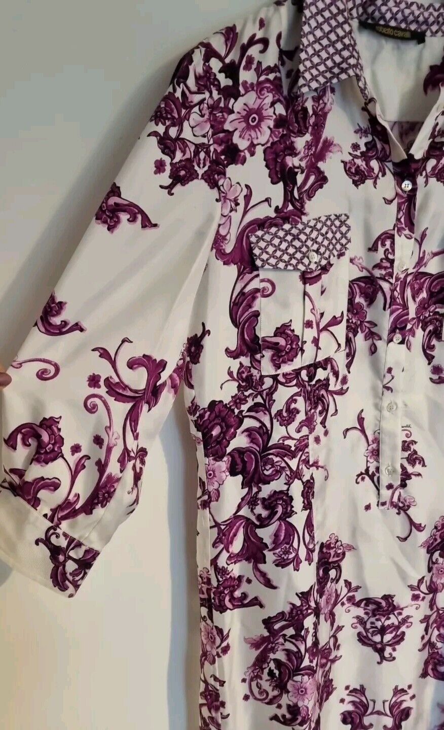 Roberto Cavalli Women's White & Purple Floral Silk Collared Shirt Dress Size 46