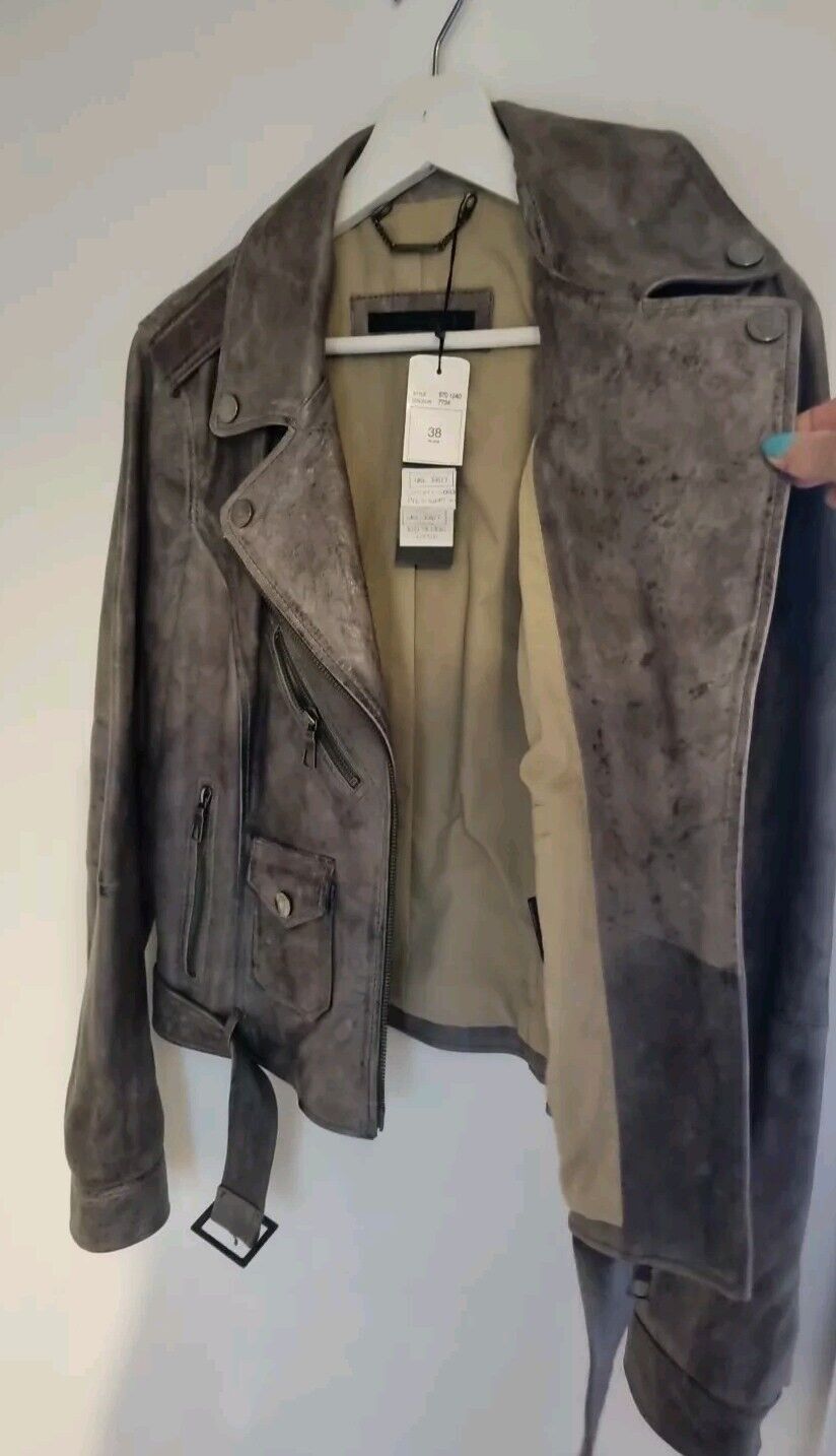Set Women's Grey Distressed Leather Jacket Size 38 New Unworn