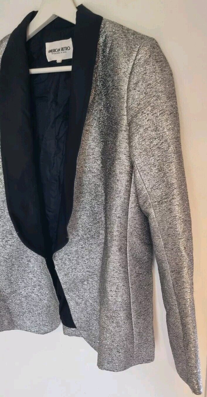 American Retro Women's Metalic Silver Tuxedo Jacket Size 38