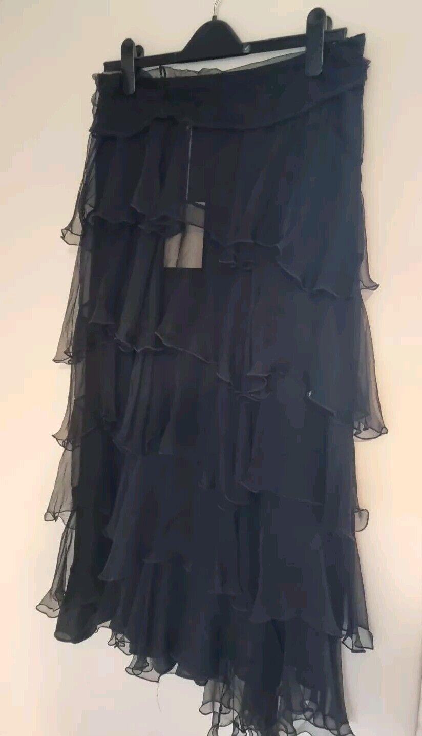 BNWT Nicole Farhi Women's Black Silk Ruffle Skirt With Separate Under Skirt 14