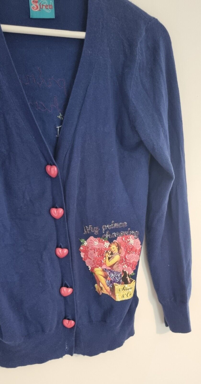 Siren Women's Blue Cardigan With Picture Prints, Beads And Sequins Size 10