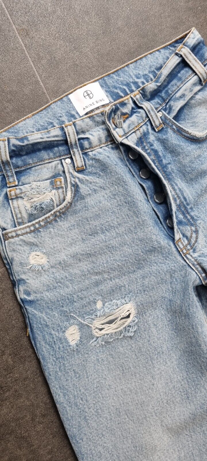 Anine Bing Women's Blue Wide Leg, Button Fly, Ripped, Frayed Ankle Jeans Size 23