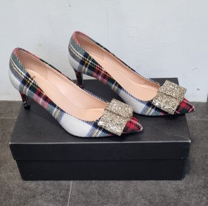 BNWT J Crew Tarten Women's Heals With Glitter Sequinned Bows In Box Size 6