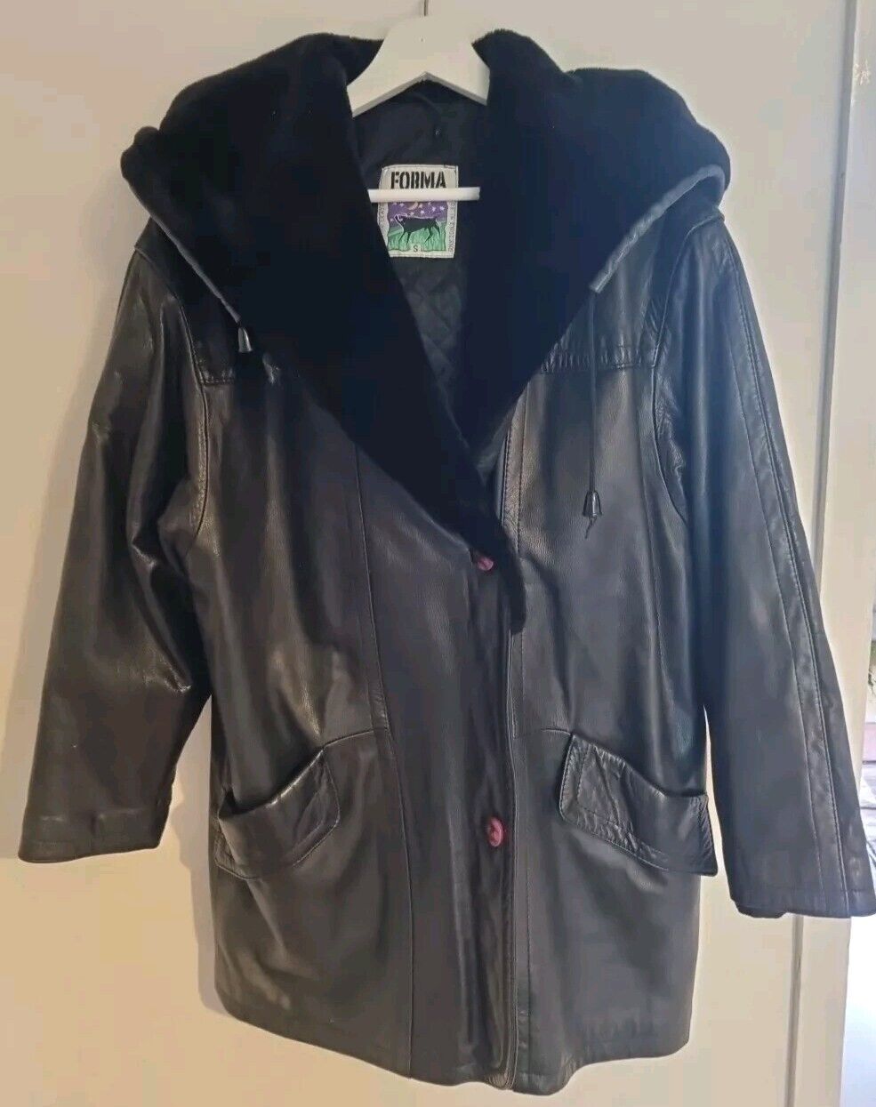 Forma Women's Black Genuine Leather, Fleece Lined Hood Coat Size Small