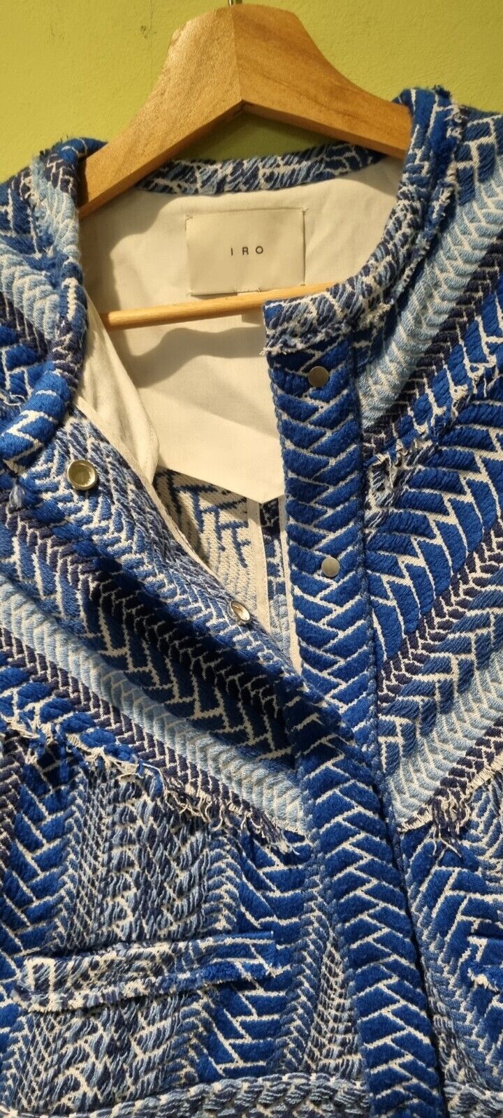 IRO Women's Blue Herringbone, Embroidered, Frayed Jacket Size 36
