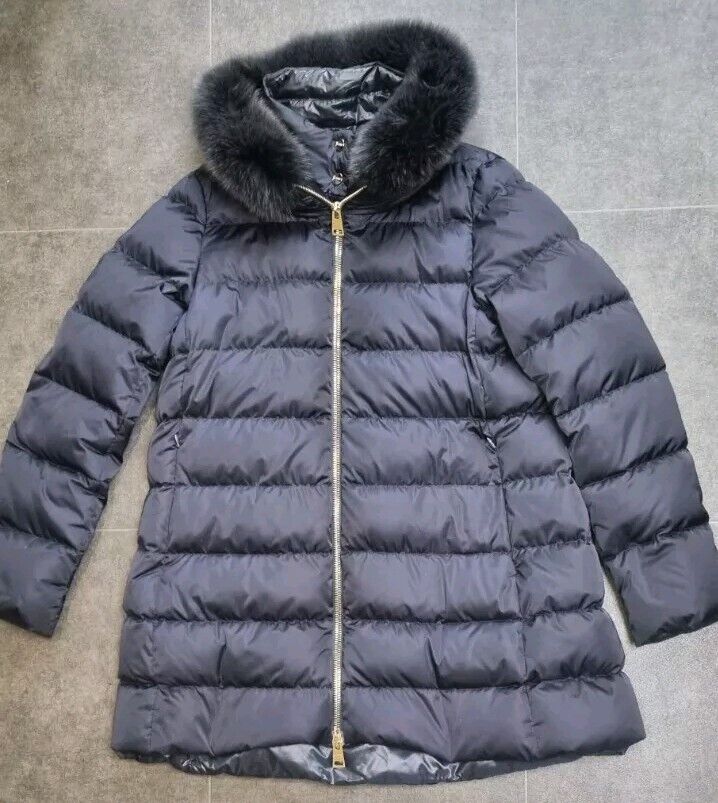 Herno Women's Navy Blue Lightweight Down Insulated Coat Detachable Fur Collar 48
