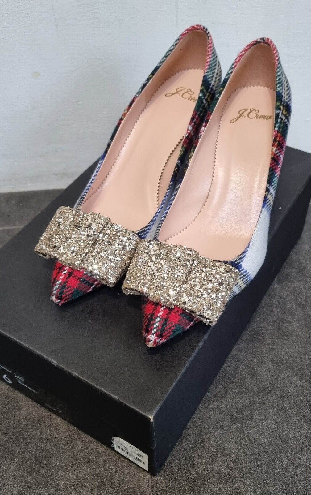 BNWT J Crew Tarten Women's Heals With Glitter Sequinned Bows In Box Size 6