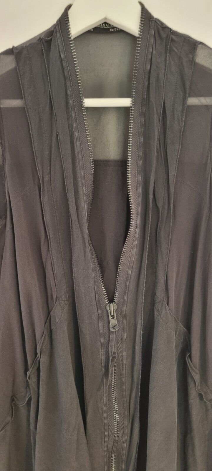 All Saints Women's Black Silk Two Tiered, Frayed Edge, Zipped Blouse Size 8