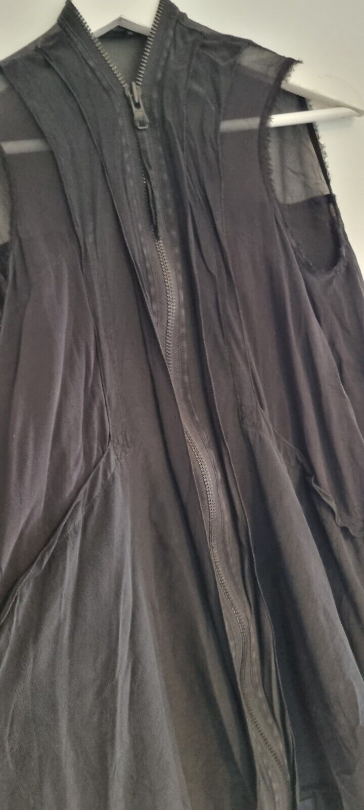 All Saints Women's Black Silk Two Tiered, Frayed Edge, Zipped Blouse Size 8
