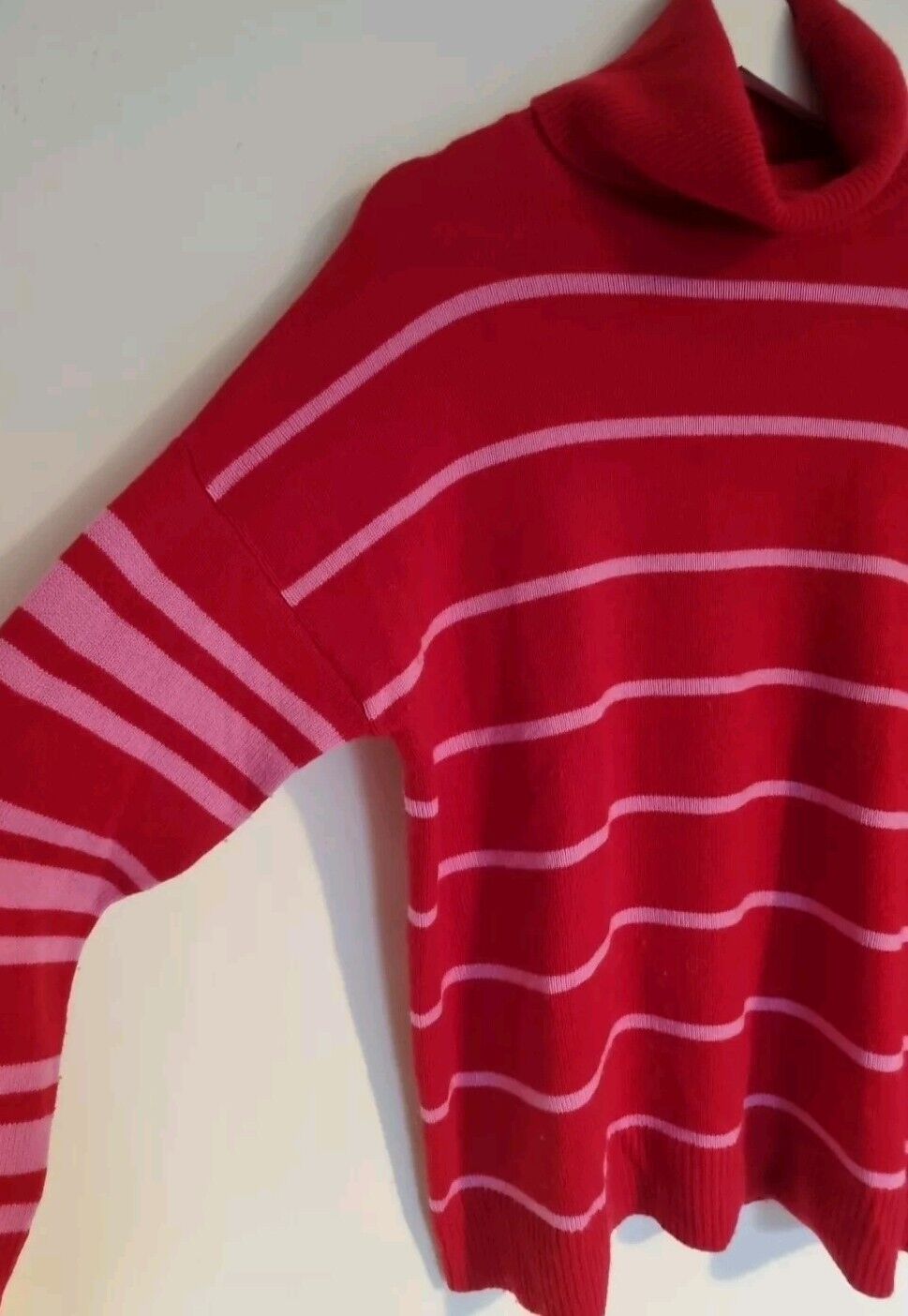 Rae Feather Women's Red And Pink Striped Roll Neck Jumper Pullover Size Large