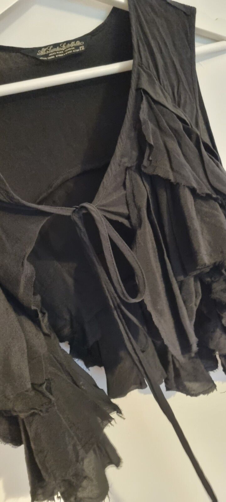 All Saints Women's 100% Silk Black Sleeveless Ruffle Top Size
