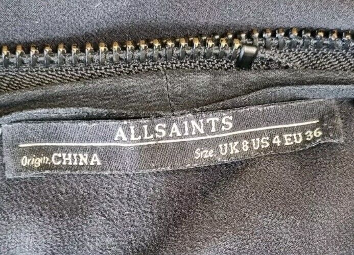 All Saints Women's Black Silk Two Tiered, Frayed Edge, Zipped Blouse Size 8