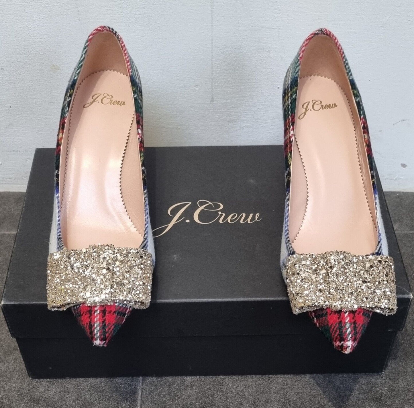 BNWT J Crew Tarten Women's Heals With Glitter Sequinned Bows In Box Size 6