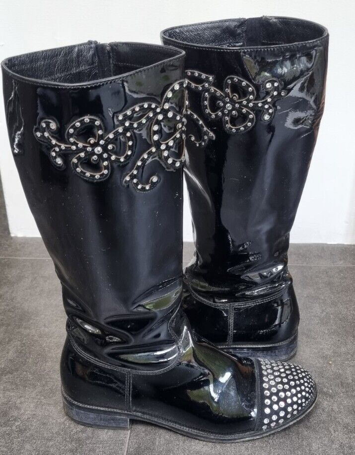 Vero Cuoio Girls Black Patent Leather With Diamanté Boots Size 36