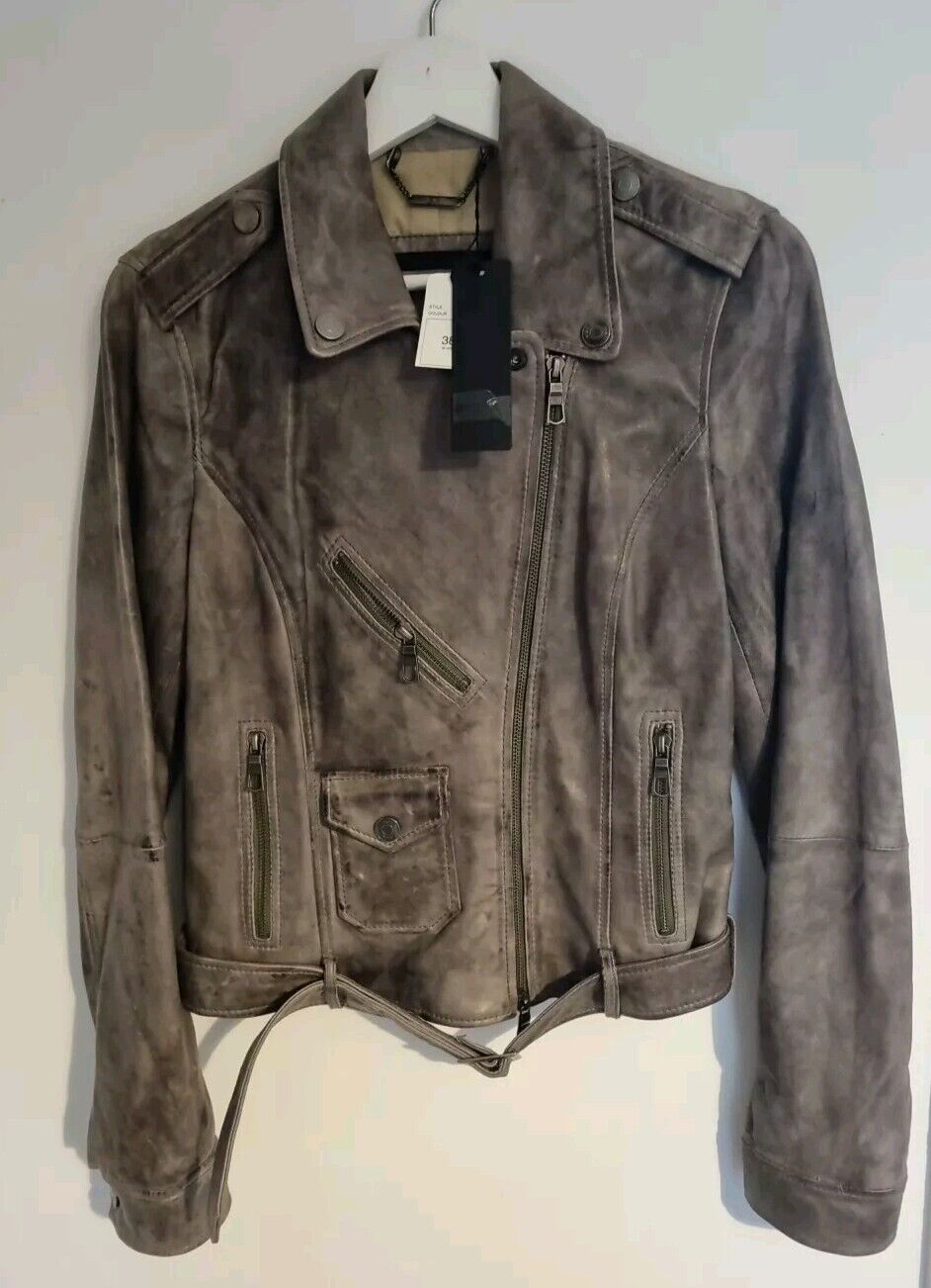 Set Women's Grey Distressed Leather Jacket Size 38 New Unworn