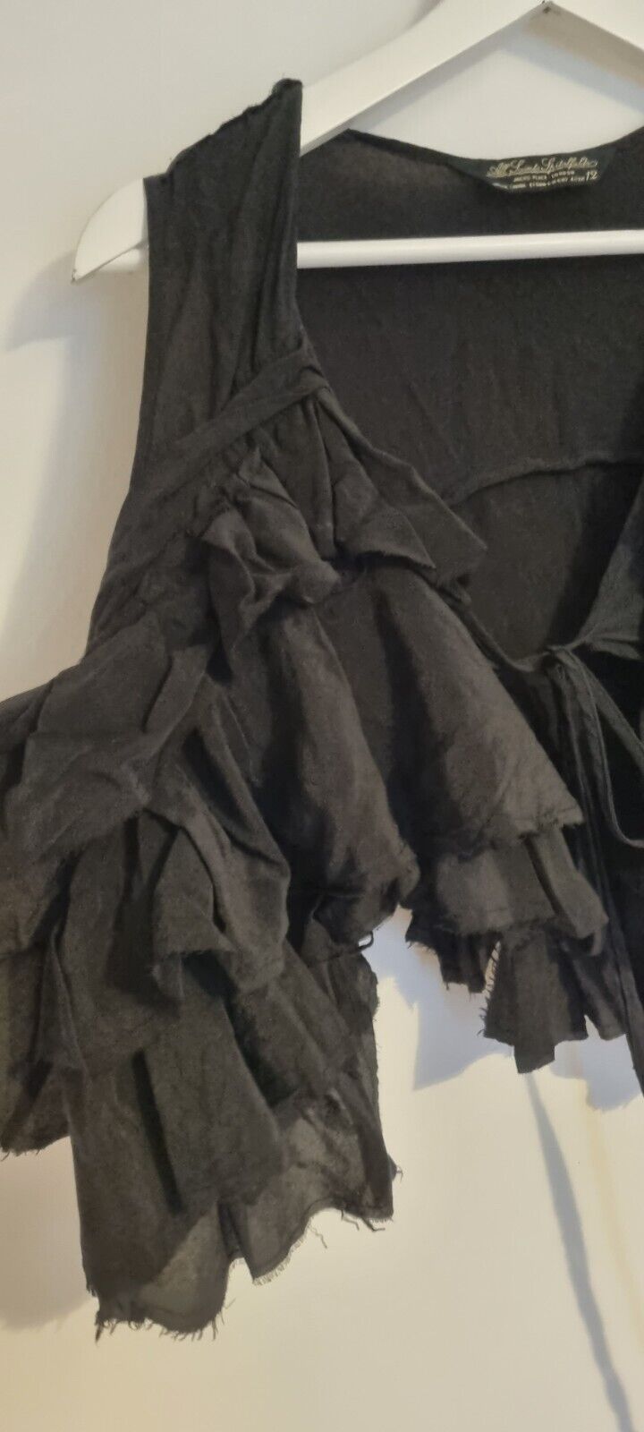 All Saints Women's 100% Silk Black Sleeveless Ruffle Top Size