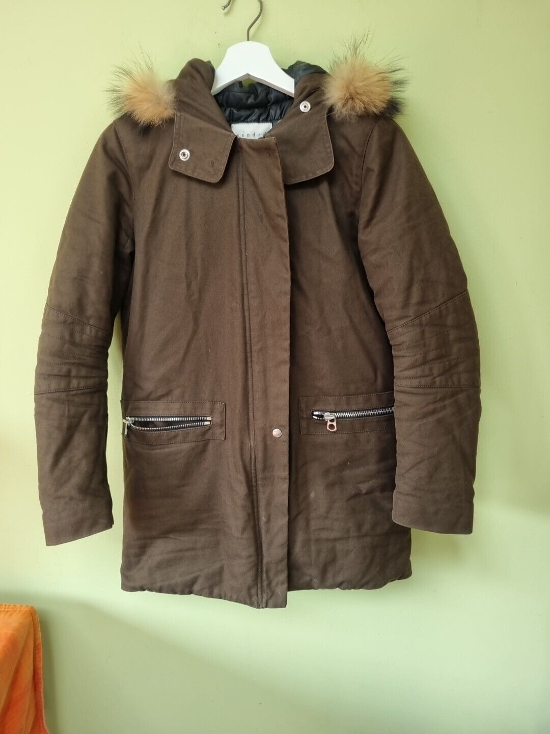 Sandro Women's Brown With Real Fur Lined Hood Coat Jacket Size 1