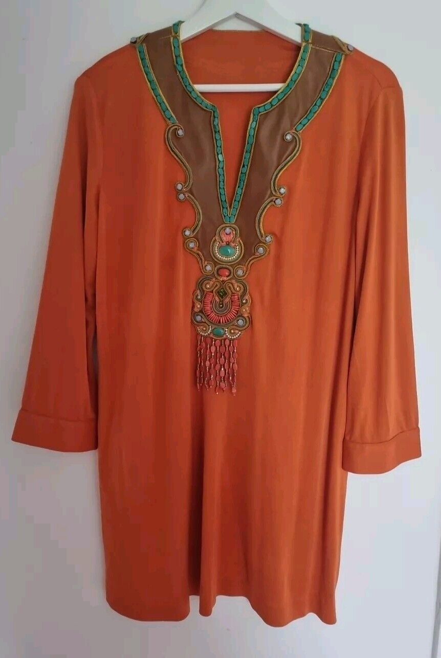 Monisha Jaising Women's 100% Silk Orange Beaded Kaftan One Size