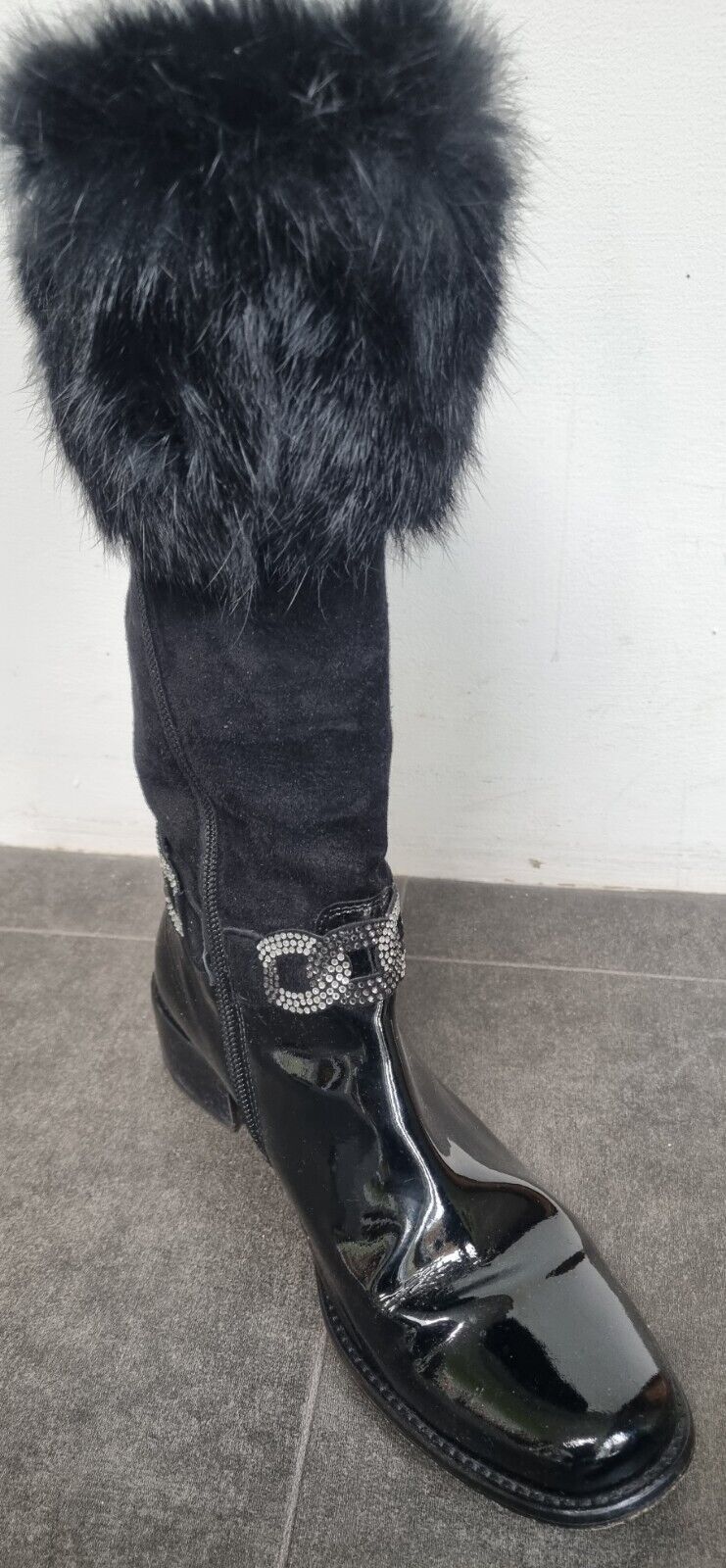 Vero Cuoio Girls Black Suede And Patent Leather With Fur Trim Boots Size 36