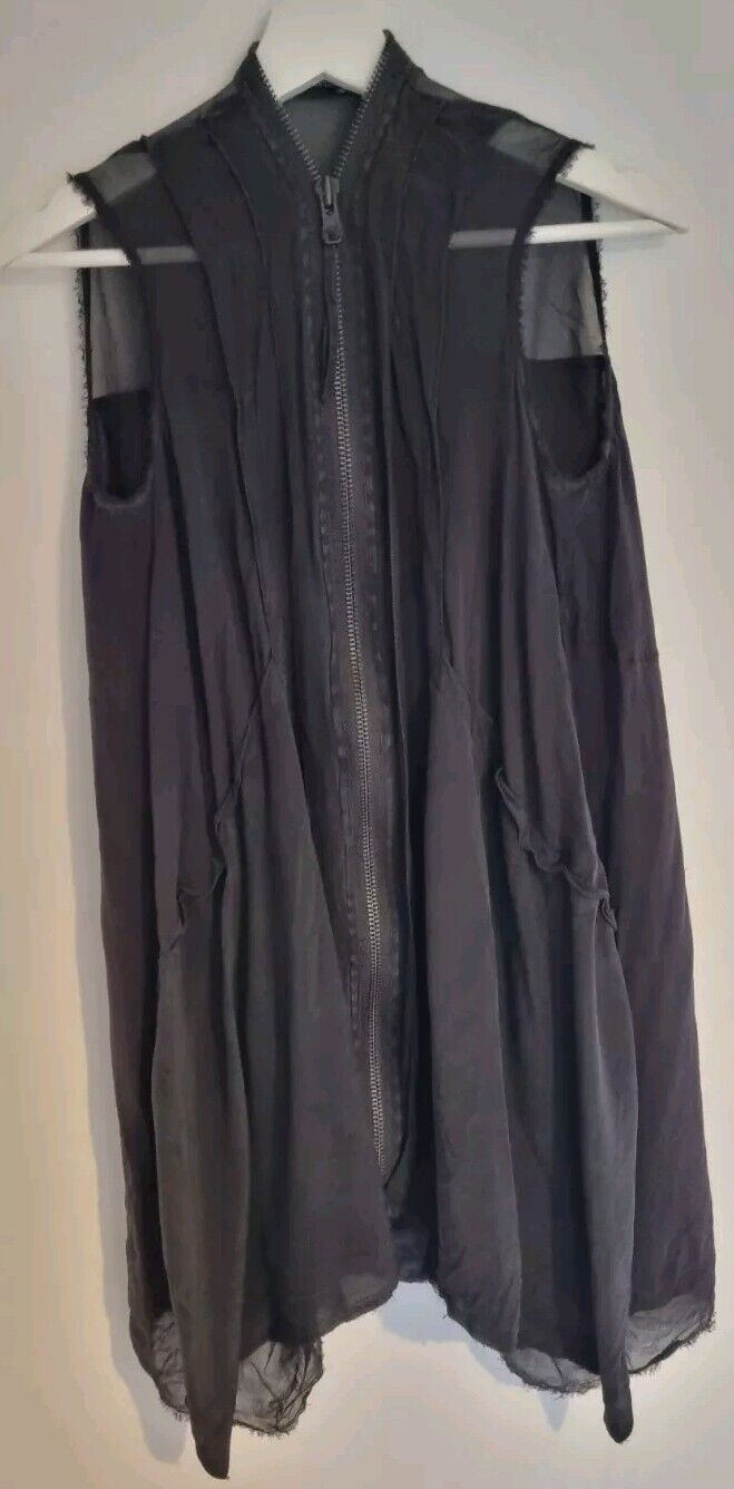 All Saints Women's Black Silk Two Tiered, Frayed Edge, Zipped Blouse Size 8