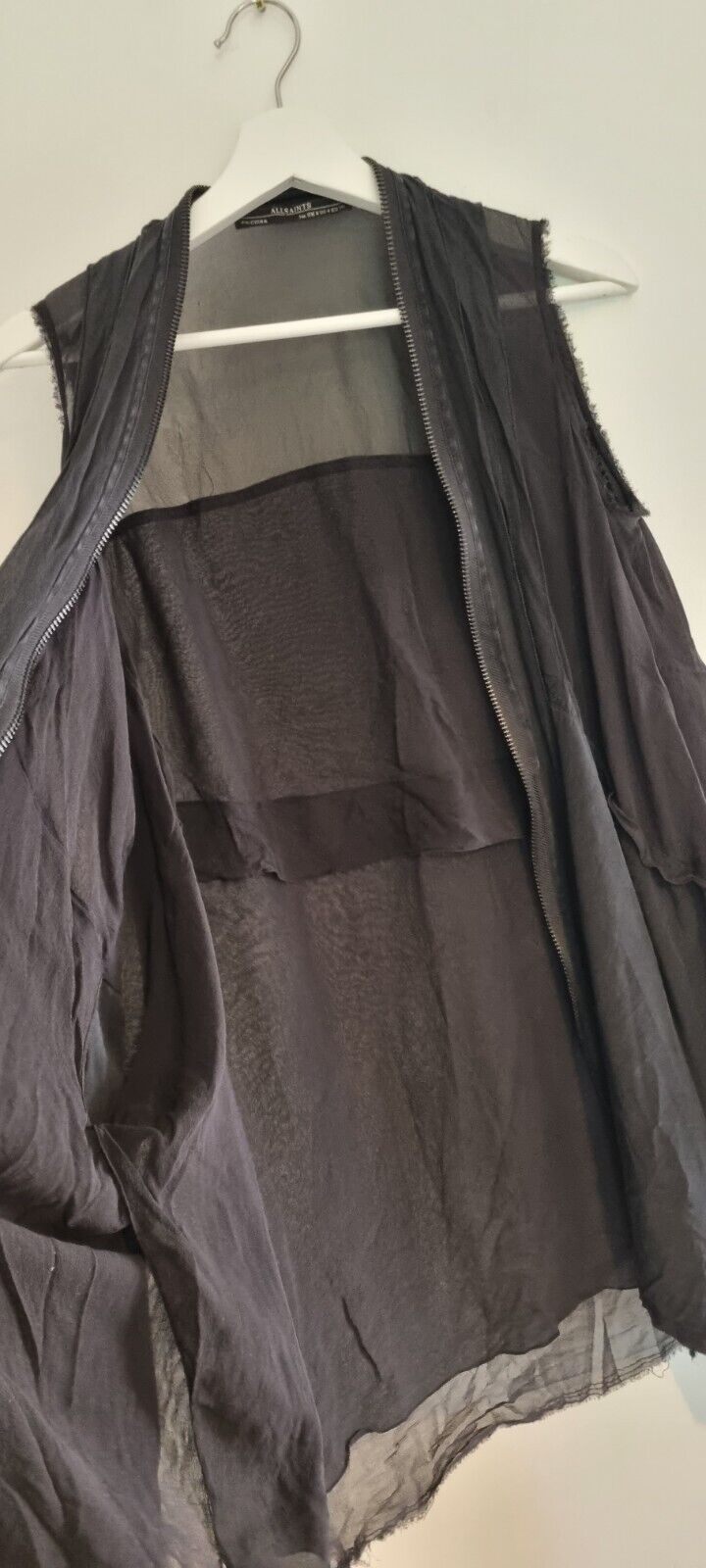 All Saints Women's Black Silk Two Tiered, Frayed Edge, Zipped Blouse Size 8