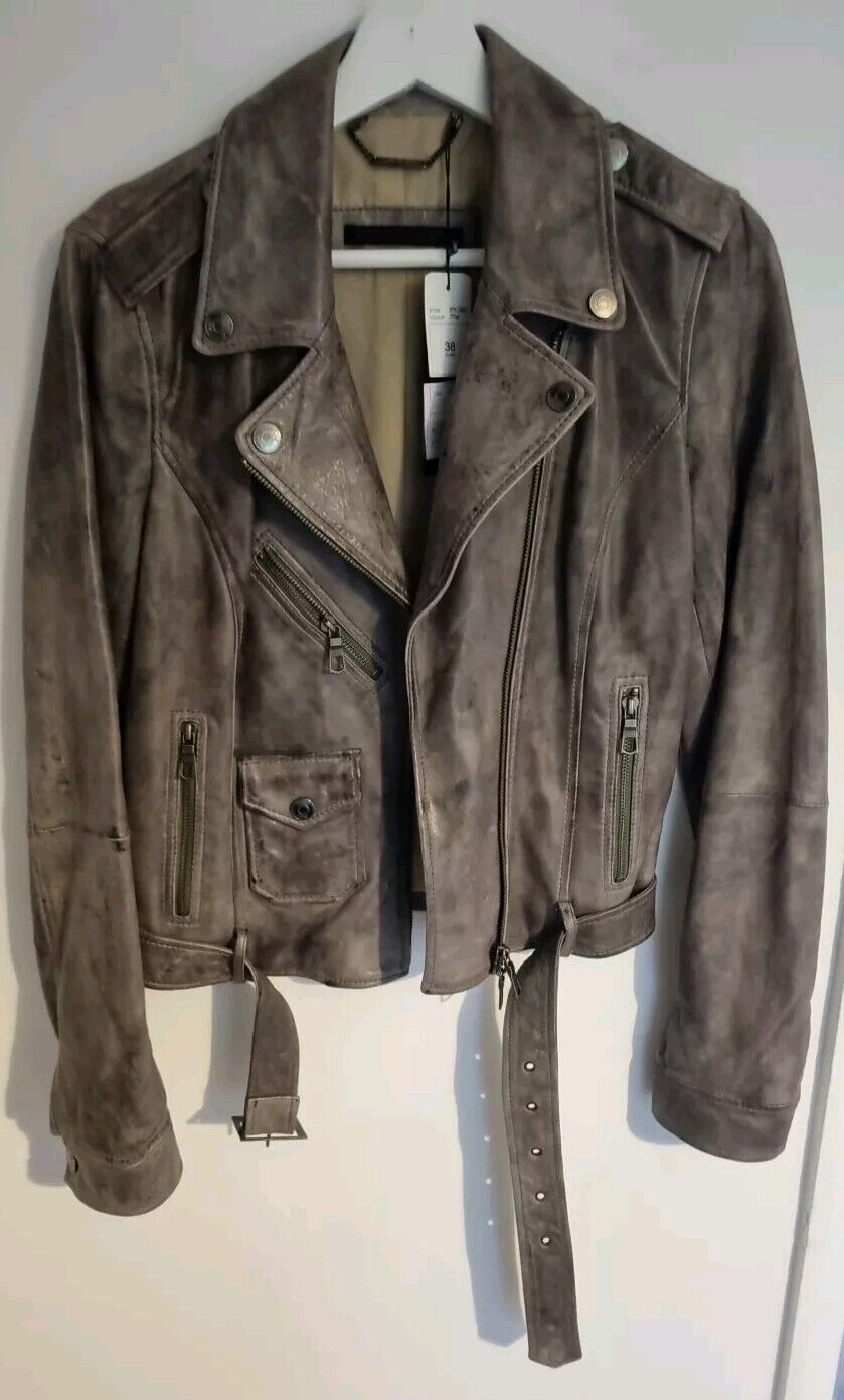 Set Women's Grey Distressed Leather Jacket Size 38 New Unworn
