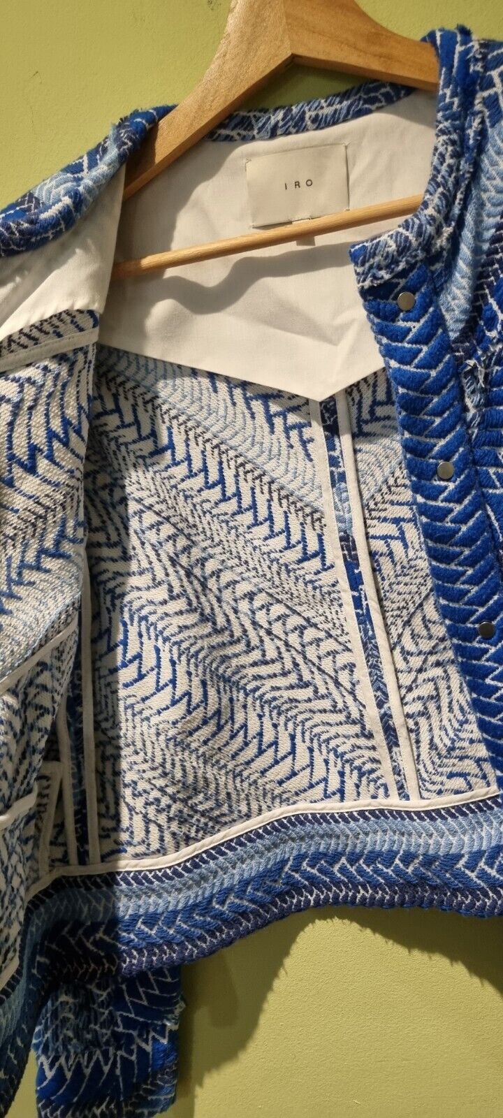 IRO Women's Blue Herringbone, Embroidered, Frayed Jacket Size 36