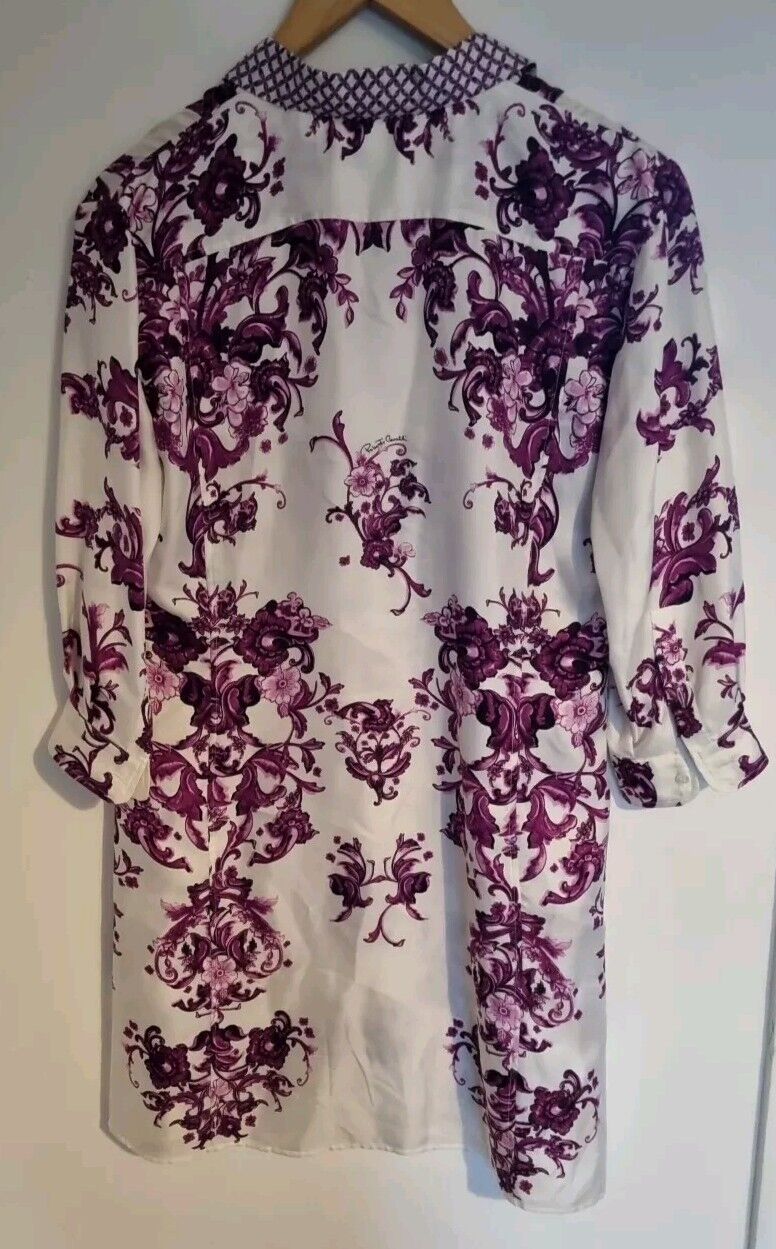 Roberto Cavalli Women's White & Purple Floral Silk Collared Shirt Dress Size 46