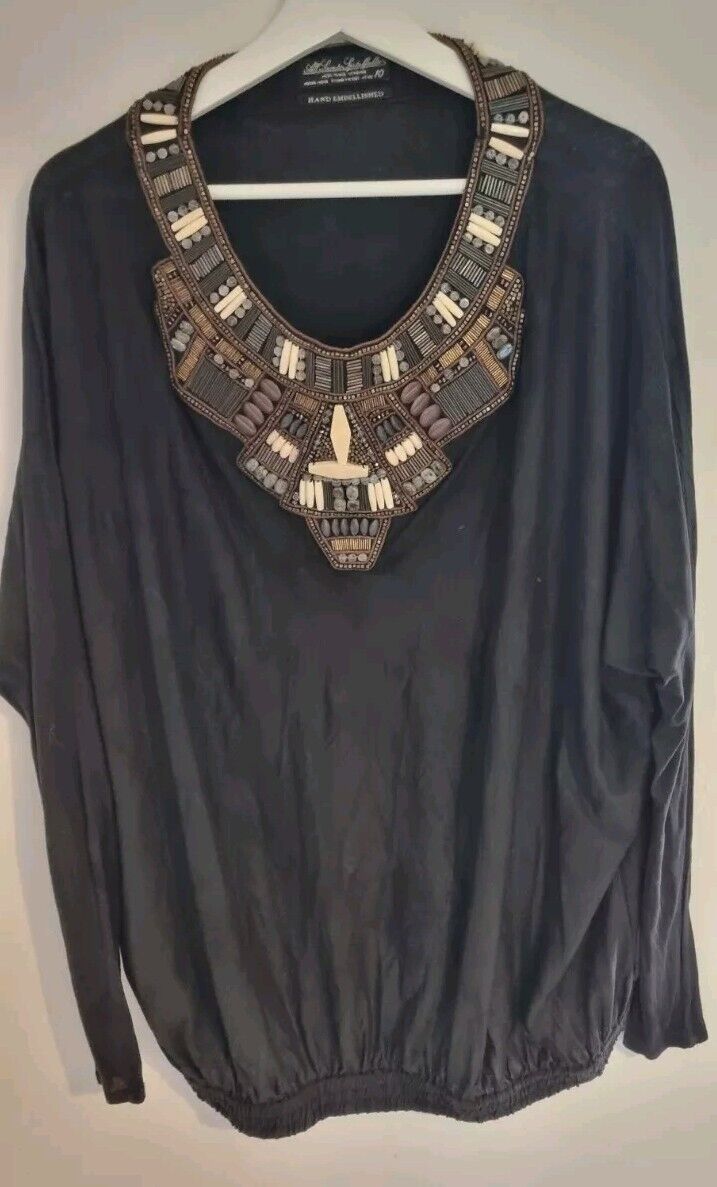 All Saints Spitalfields Women's Black Hand Embellished Beaded Kaftan Top Size 10