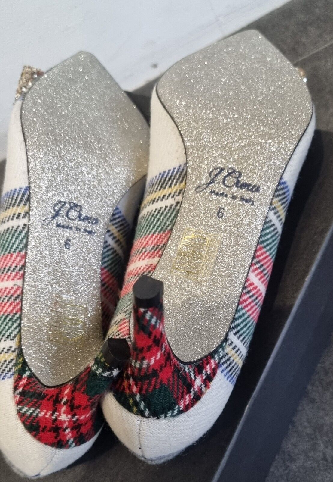 BNWT J Crew Tarten Women's Heals With Glitter Sequinned Bows In Box Size 6