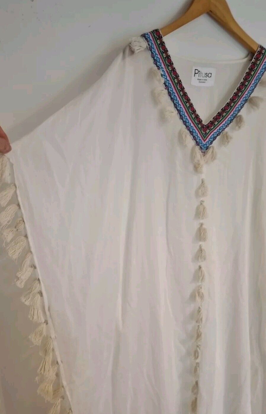 Pitusa Women's White Beach Cover Up Kaftan 100% Cotton Embroidered One Size