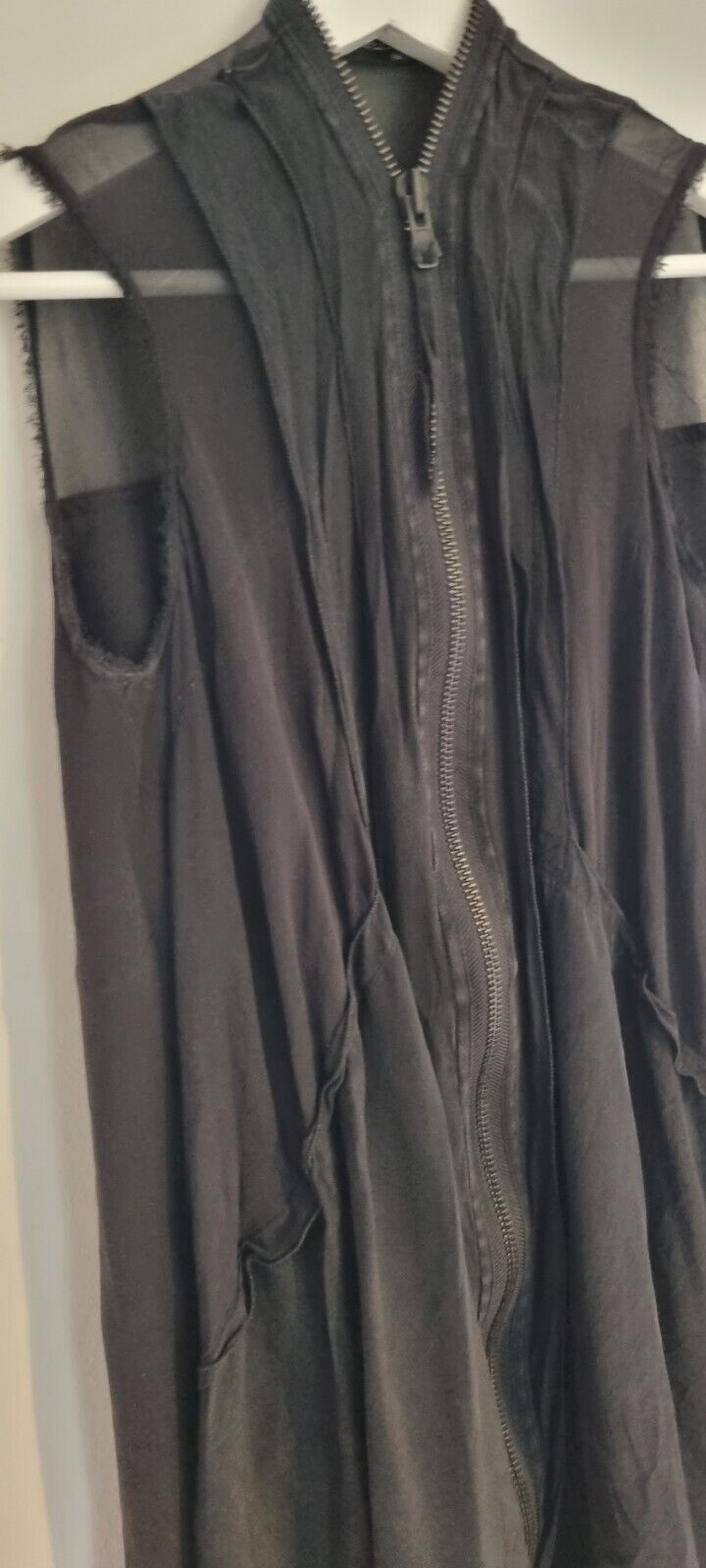 All Saints Women's Black Silk Two Tiered, Frayed Edge, Zipped Blouse Size 8
