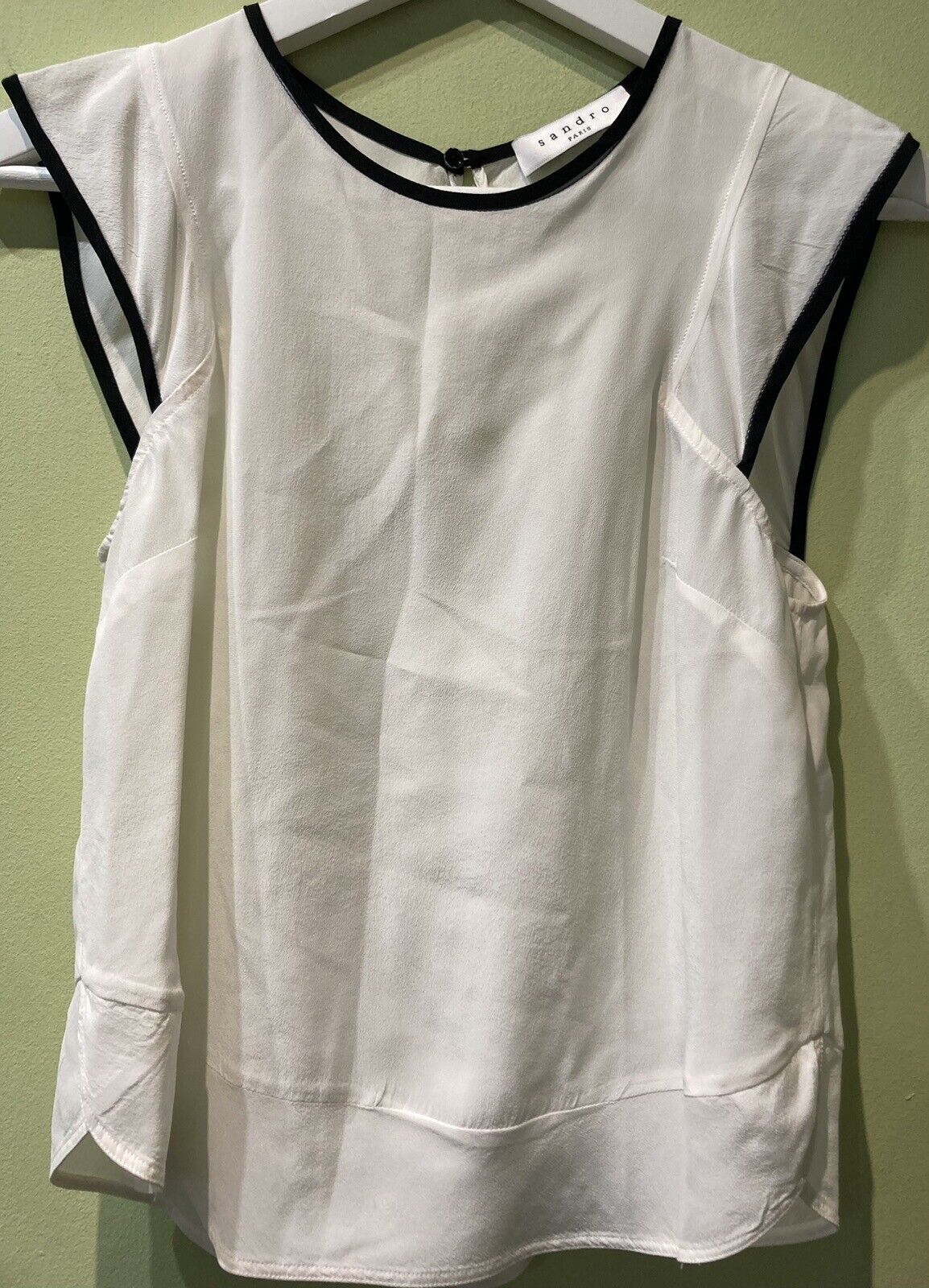 Sandro Paris Women's White 100% Silk Sleeveless Top Size 1 With Black Edging