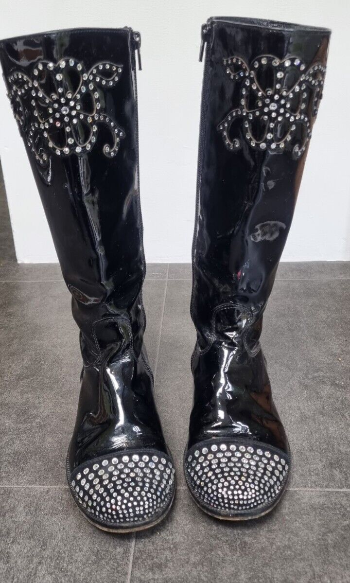 Vero Cuoio Girls Black Patent Leather With Diamanté Boots Size 36