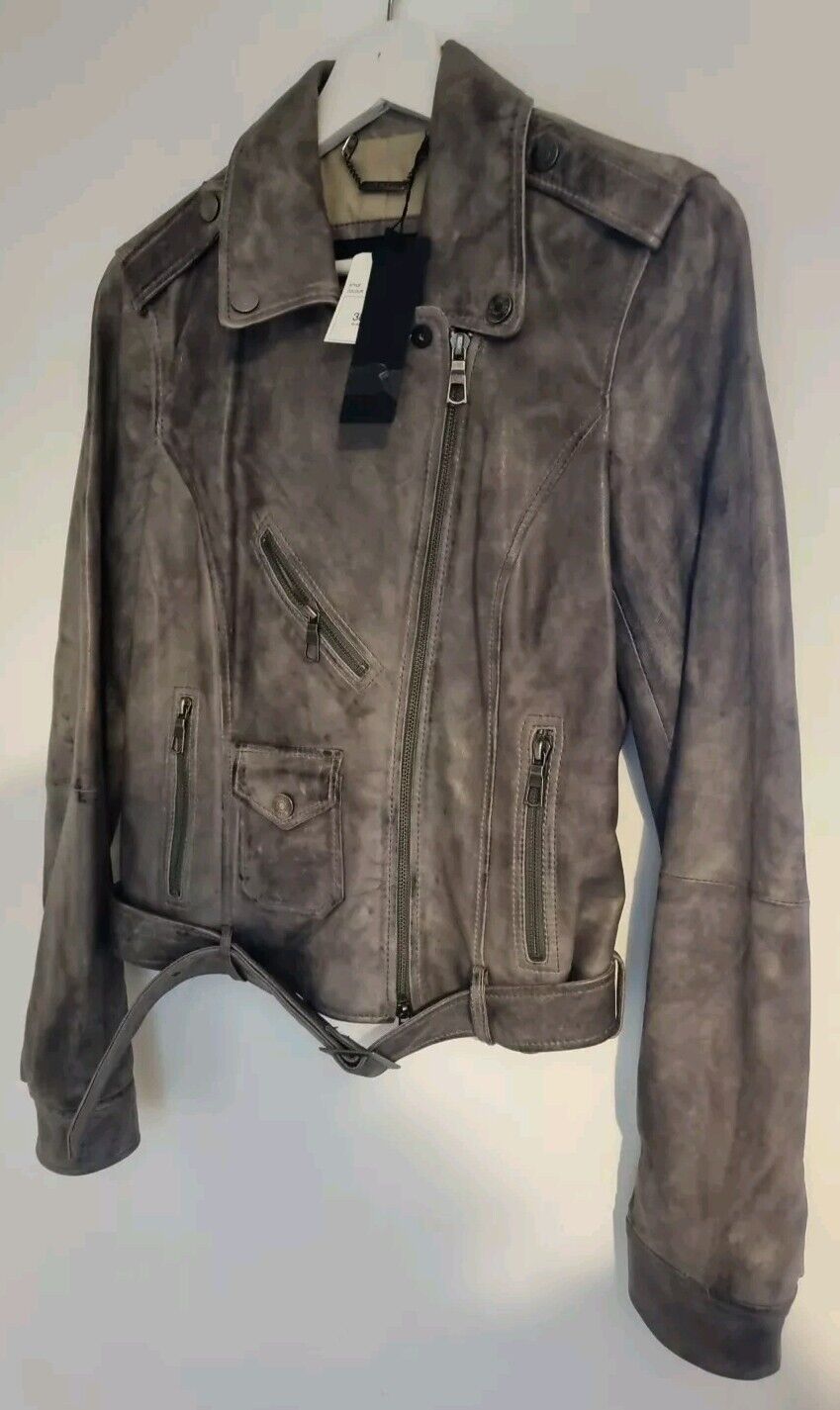 Set Women's Grey Distressed Leather Jacket Size 38 New Unworn