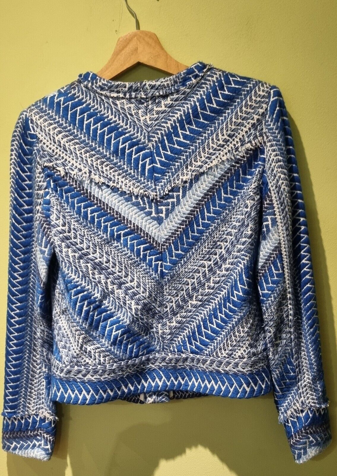 IRO Women's Blue Herringbone, Embroidered, Frayed Jacket Size 36