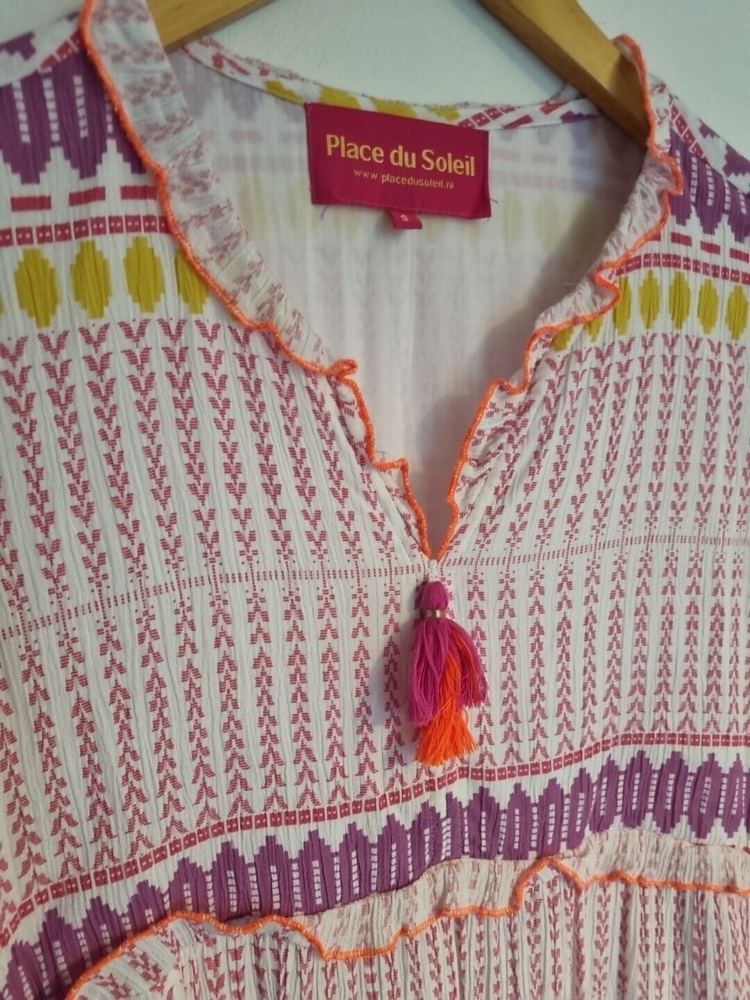 Place Du Soleil Women's Pink Multicoloured Dress With Embroidery & Tassles Small