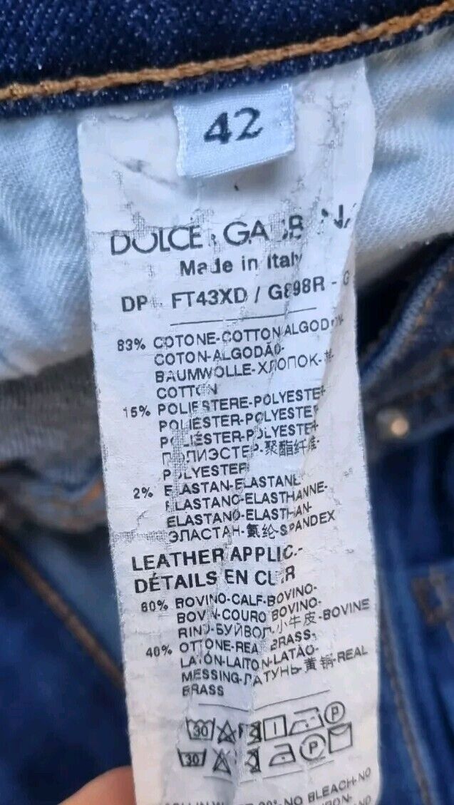Dolce & Gabbana Women's Blue Ripped Jeans, With Calf & Silver Metal Logo Size 42
