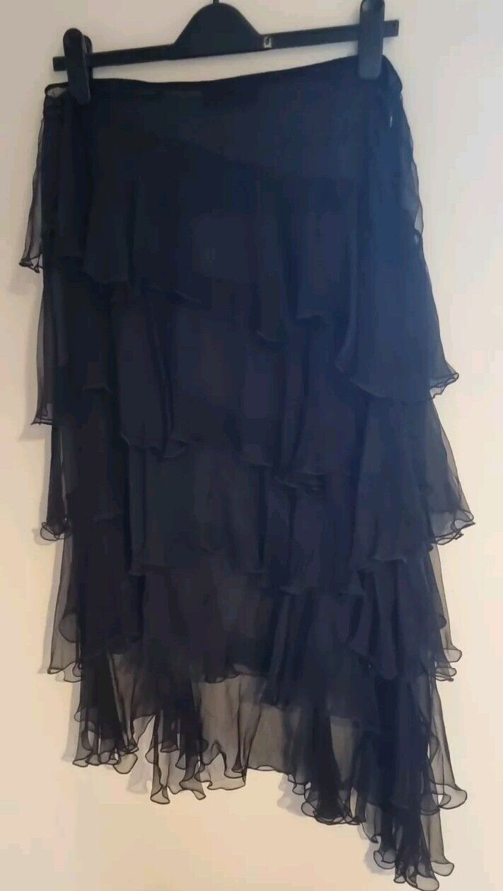 BNWT Nicole Farhi Women's Black Silk Ruffle Skirt With Separate Under Skirt 14